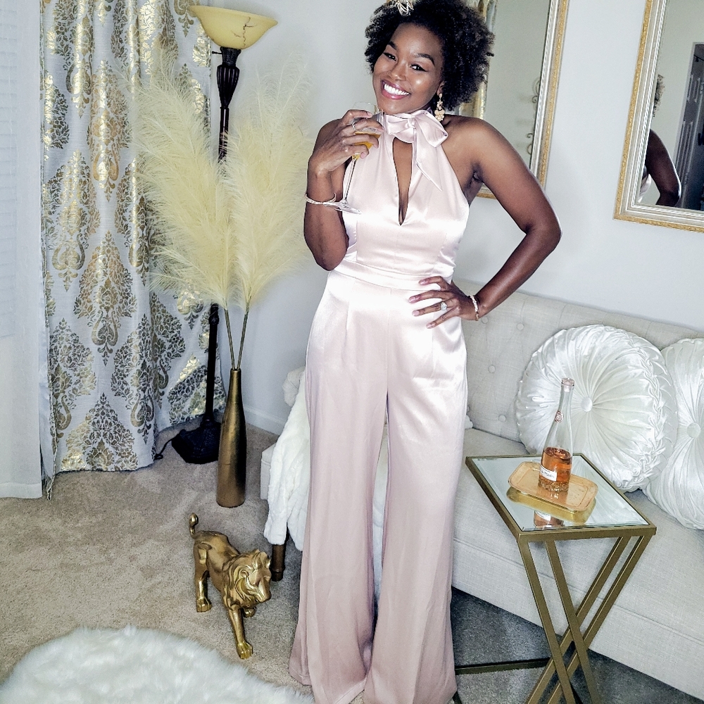 Leith Satin Halter Blush Size M Jumpsuit - Backless and wide leg